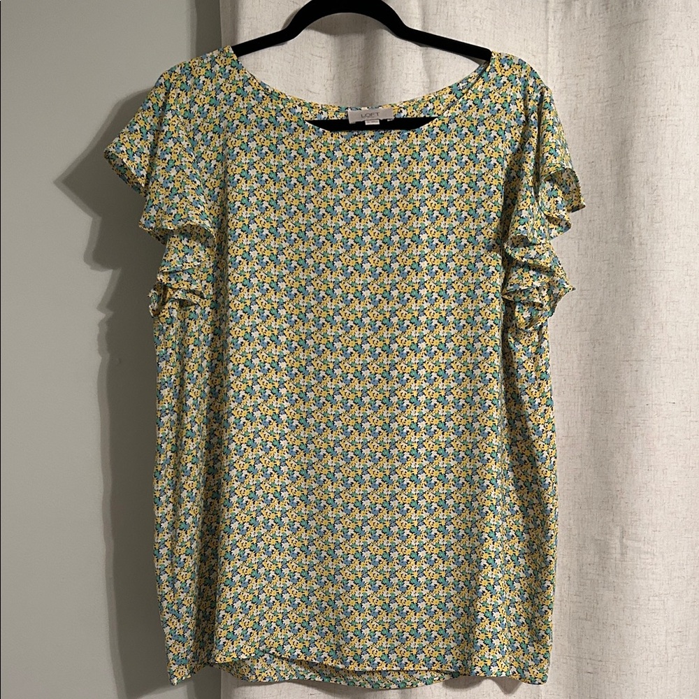 LOFT Outlet Yellow and Blue Floral Ruffle-Sleeve Blouse